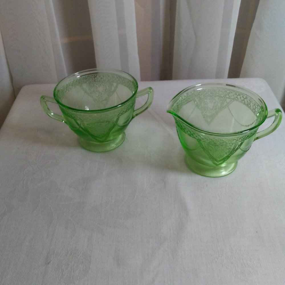 Green Depression Glass Cream&Sugar